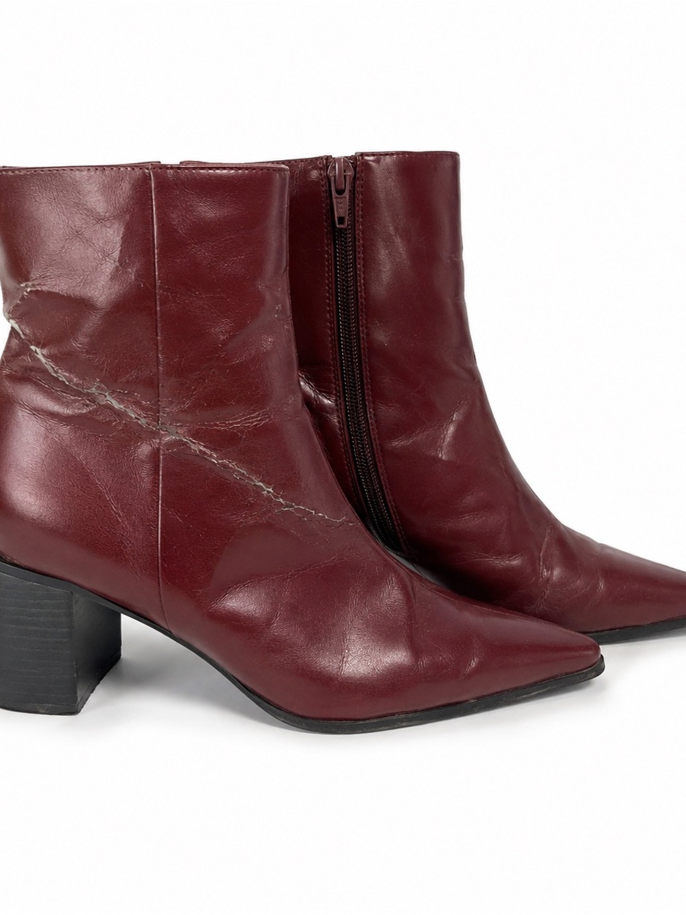TRANSIT Women’s Burgundy Pointed Toe Ankle Boots Block Heel Side Zip Size 8.5